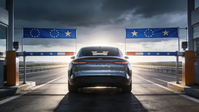 视角从后方拍摄一辆现代化的中国新能源汽车（流线型设计）正驶向远方，前方道路上设有一个带有欧盟旗帜色彩（蓝底金星）的收费站或路障栏杆，天空有些阴沉，寓意贸易壁垒。