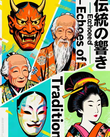 伝統能面の紋様芸術プリント - 4スタイル