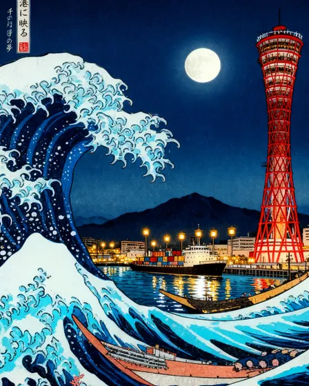 浮世絵風神戸港夜景プリント-4枚の異なるスタイル