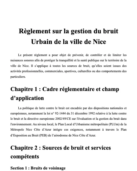 Règlement sur la gestion du bruit urbain de la ville de Nice