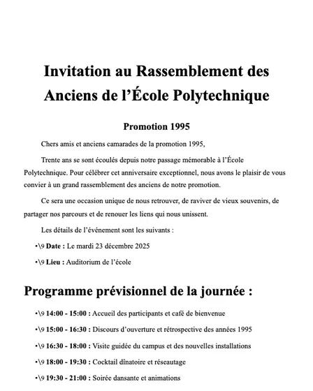 Invitation au rassemblement des anciens de l’École Polytechnique 1995 - Programme