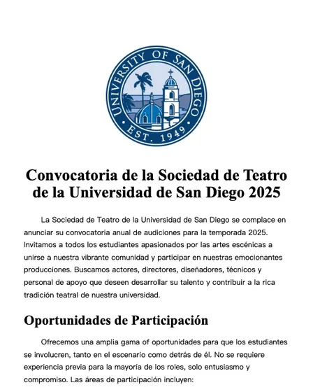 Convocatoria de la Sociedad de Teatro de la Universidad de San Diego 2025 con Emblema