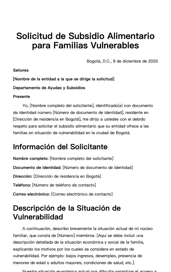 Solicitud de Subsidio Alimentario