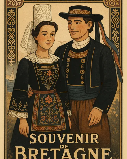 Carte Postale Bretonne - Personnages en Costume Traditionnel