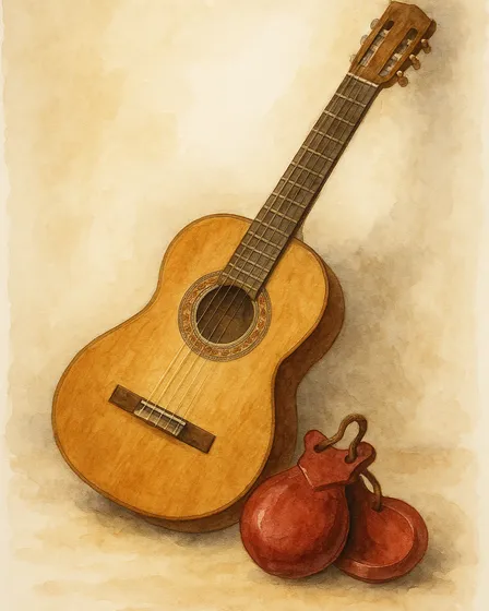 Póster Artístico de Acuarela - Guitarra y Castañuelas
