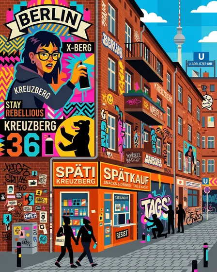 4 vertical Berlin street scene flat illustrations - print graphics