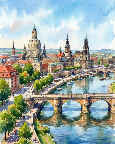 Two Vertical Dresden Elbe Landscape Watercolor Prints - Removed First Image