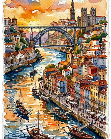 Four Porto Douro River Watercolor Illustrations