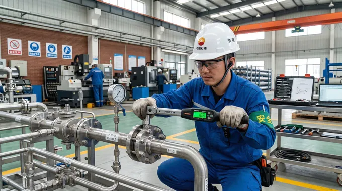 Engineer installing precise industrial piping fittings